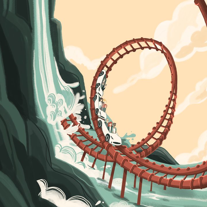 Illustration vom Buchumschlag: Ein Wasserfall stürzt über dunkelgrüne Felsen, daneben fahren weiße Autos mit Menschen durch einen roten Achterbahn-Looping.